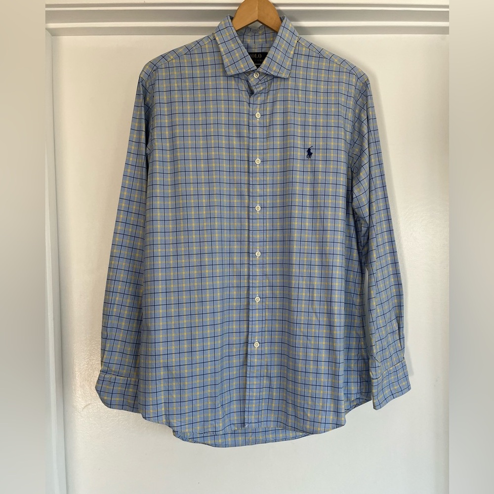 Ralph Lauren Men's Blue and Yellow Plaid Classic Shirt Sz Large